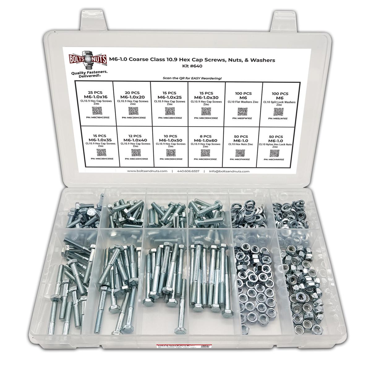 Assortment Kit #640 (421Pcs.) M6-1.0 Class 10.9 Hex Cap Screws, Hex & Nylon Nuts, Flat & Lock Washers - Zinc Plated